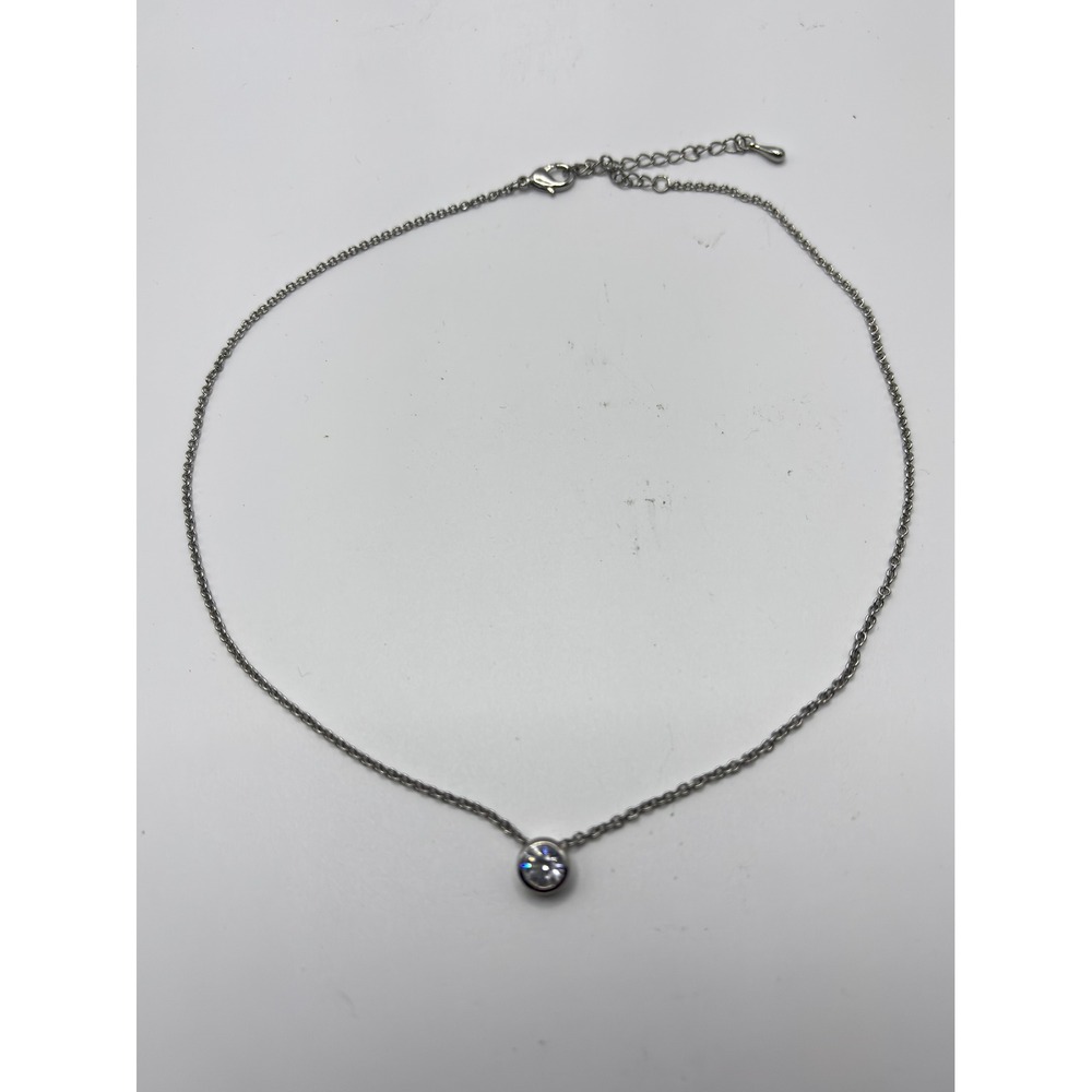 Daisy Fuentes Solitaire Pendant Necklace Womens 16" Silver Tone Clear Stone